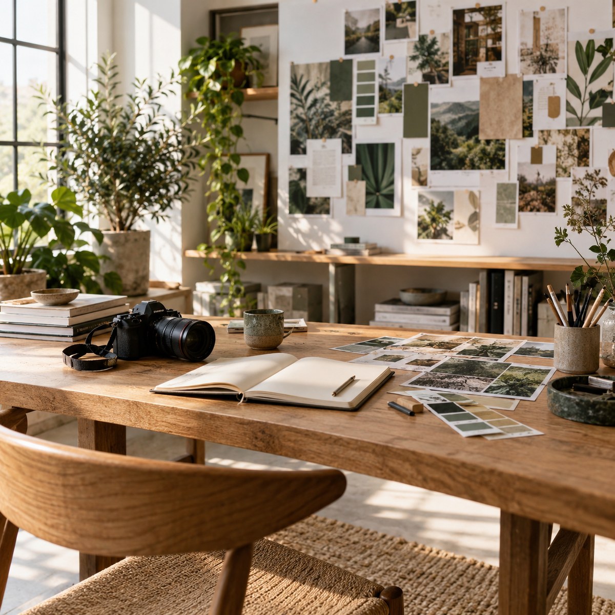 Illustrative creative workspace with materials and natural light